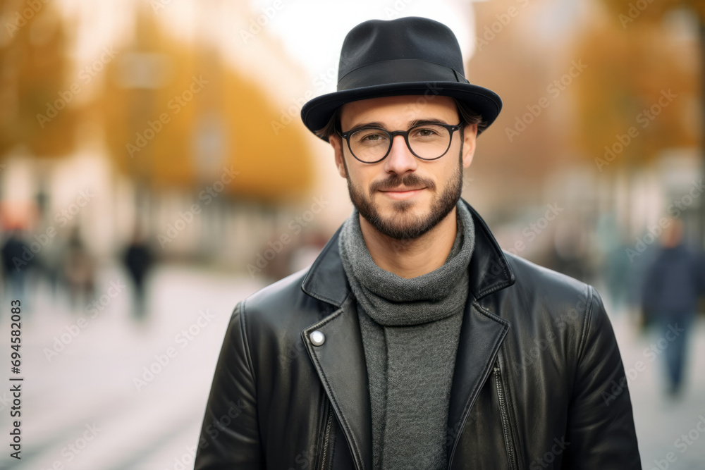 Portrait of a smiling young man in hat and glasses standing outdoors Portrait of a smiling young man in hat and glasses standing outdoors