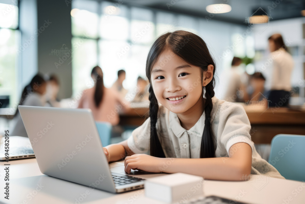 Little asian girl using laptop computer in library. Education and technology concept.