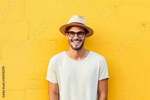 Cheerful young man in yellow hat and glasses on yellow background photo