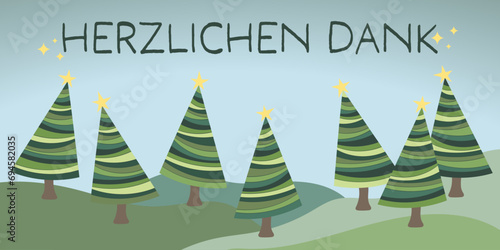 Herzlichen Dank - Schriftzug in deutscher Sprache. Dankeskarte mit Weihnachtsbäumen.