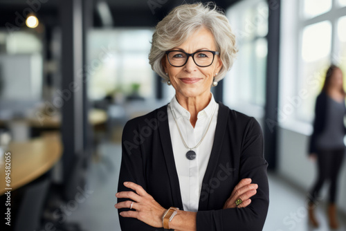 Portrait of senior businesswoman standing with arms crossed in modern office