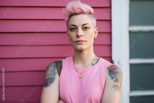 Fashionable young woman with purple hair and professional make-up photo