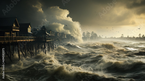 A tumultuous sea thrashes against a wooden pier under a threatening sky, with waves surging and birds caught in the maelstrom. photo