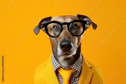 Dog wearing necktie, suit and eyeglasses points away on empty space. isolated on yellow background