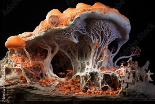 The microbial colonization of a decomposing log, highlighting the essential role of fungi and bacteria in the natural process of wood decay. Generative Ai. photo