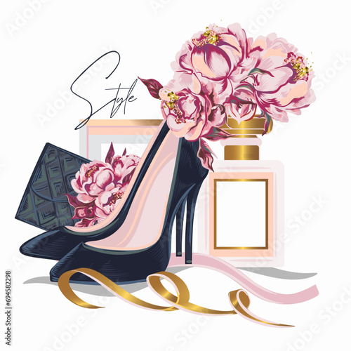 Fashion stylish vector illustration with perfume, peony and shoes