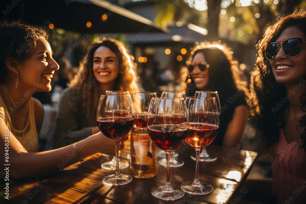 Group of friends toasting with red wine at a bar or restaurant.
