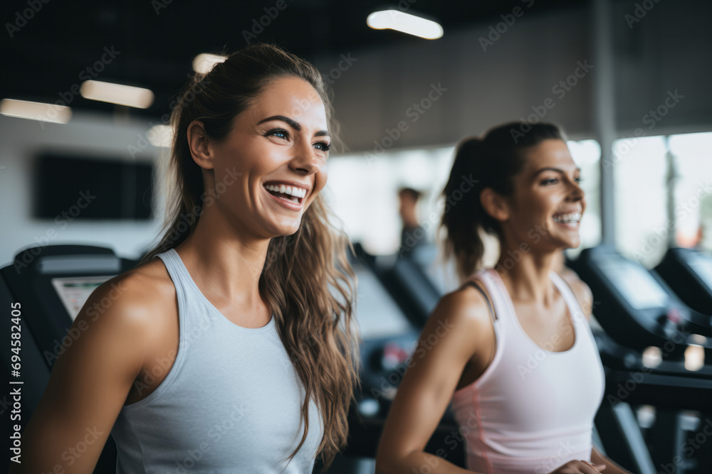 multiethnic sportswomen smiling at camera while exercising on rooftop multiethnic sportswomen smiling at camera while exercising on rooftop