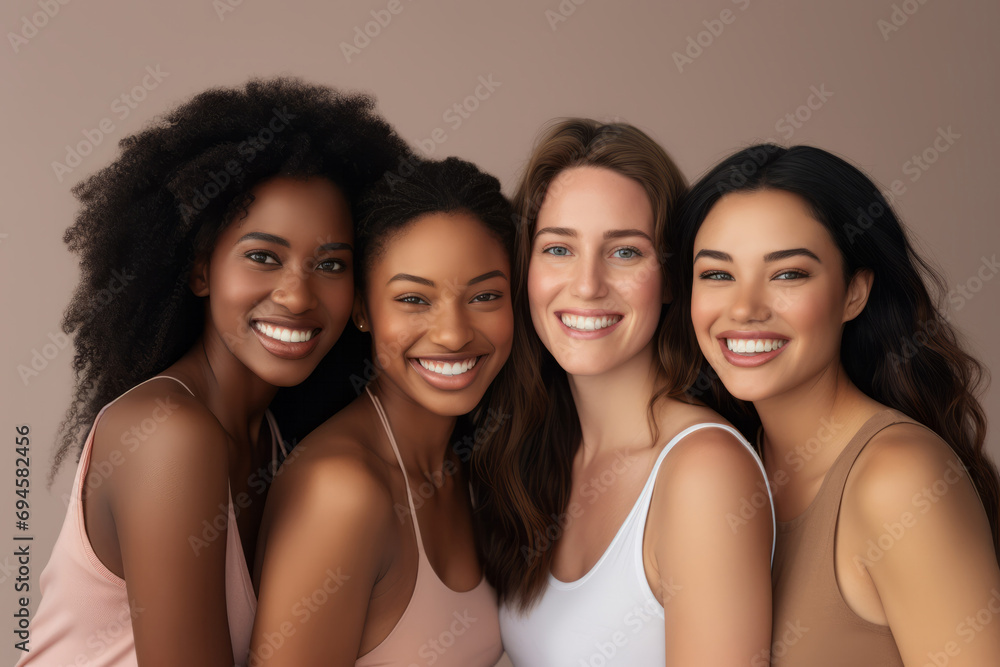 Group of diverse women standing together and smiling at camera over grey background Group of diverse women standing together and smiling at camera over grey background