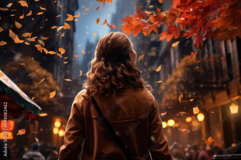 A quiet moment in a bustling city, as a person pauses to mindfully observe the intricate dance of falling autumn leaves. Generative Ai. A quiet moment in a bustling city, as a person pauses to mindfully observe the intricate dance of falling autumn leaves. Generative Ai.