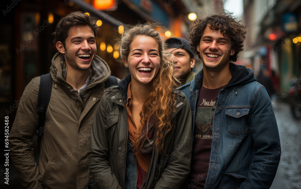 Group of friends having fun on a street in New York City, USA Group of friends having fun on a street in New York City, USA