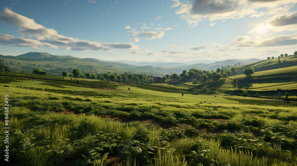 Serene rural landscape with lush green fields and rolling hills under a ...