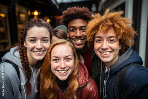 Portrait of group of smiling friends standing in the street and looking at camera.