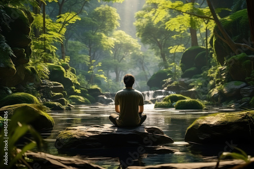 A tranquil scene of a person sitting cross-legged by a babbling brook  immersing themselves in mindfulness meditation amidst nature s symphony. Generative Ai.