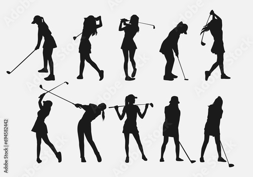 set of female golf player, athlete silhouettes. various different pose, gesture. vector illustration.