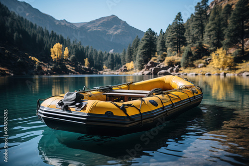 A yellow inflatable raft floats on a calm river, surrounded by autumnal trees and mountains under a clear blue sky.