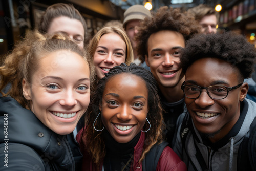 multiethnic group of smiling young people standing in street and looking at camera