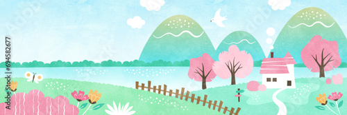 桜の咲く春の自然の風景 水辺の家と山々の水彩イラスト