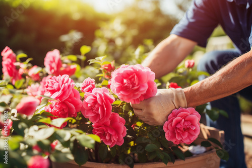 A gardener carefully pruning roses, his hands gentle and experienced
