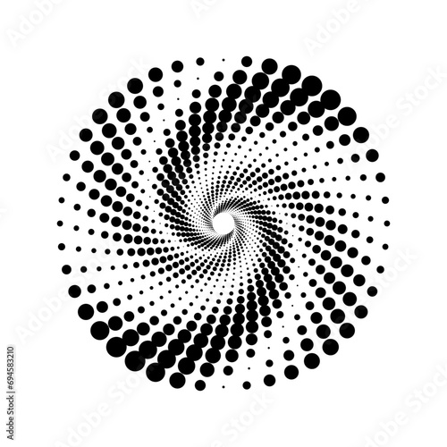 Dotted spiral element. Radial spinning halftone form. Circle swirl dots shape. Abstract geometric background for poster, banner, logo, icon, collage, sign, presentation, booklet. Vector illustration