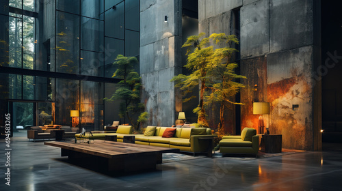 Luxurious modern living room in a loft style with green plants, ambient lighting, and industrial concrete walls.