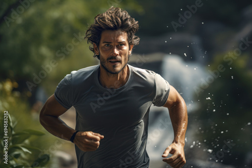 A mindful runner, feeling each footfall and breath, attuning to the rhythm of the body in motion, and embracing the joy of mindful exercise. Generative Ai. photo