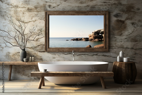 Luxurious modern bathroom interior with a freestanding bathtub, serene ocean view artwork, and minimalist decor.