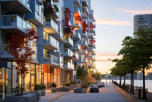 Canvas Print Modern waterfront apartment building at sunset with vibrant fall colors on balconies and tranquil urban promenade