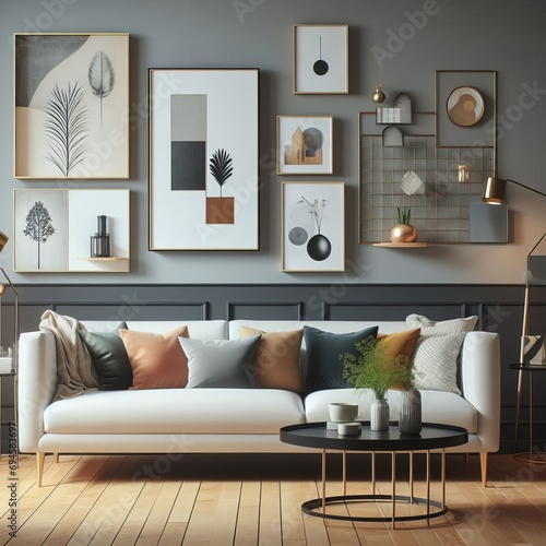 Modern design living room with sofa, paintings and furniture
