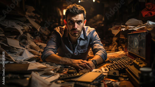 Intense man with a serious expression immersed in work, surrounded by a chaotic array of paperwork and clutter on a desk at night.