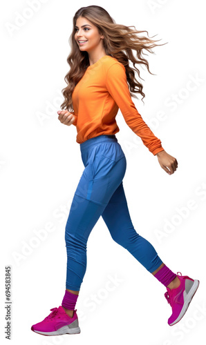 a girl with causal sports outfit jogging transparent background