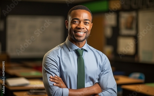 Cheerful confident handsome african american young teacher smiling looking at camera