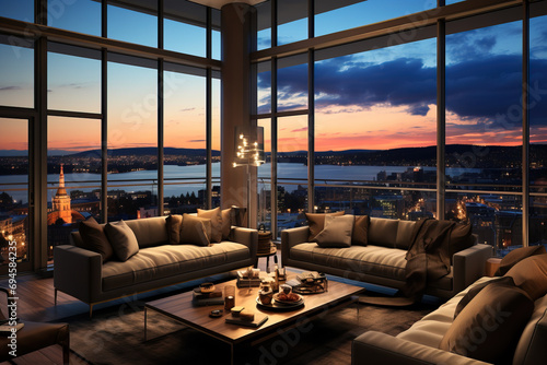 Luxurious living room with modern design overlooking a cityscape at twilight through panoramic windows.
