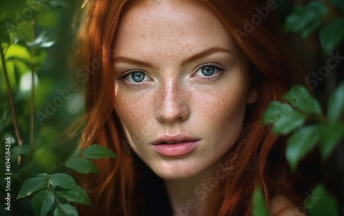 Portrait of a fair-skinned redhead European 30 year old girl with green leaves of the trees on a bright morning. Closeup portrait of magnificent lady. Fashion shot of young gorgeous female.