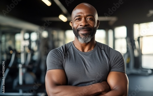 Portrait Of Handsome Muscular Man Posing In Gym. Fitness Trainer Standing In Modern Sport Club Interior. Gym, fitness and portrait of proud man, motivation, health and energy for training.