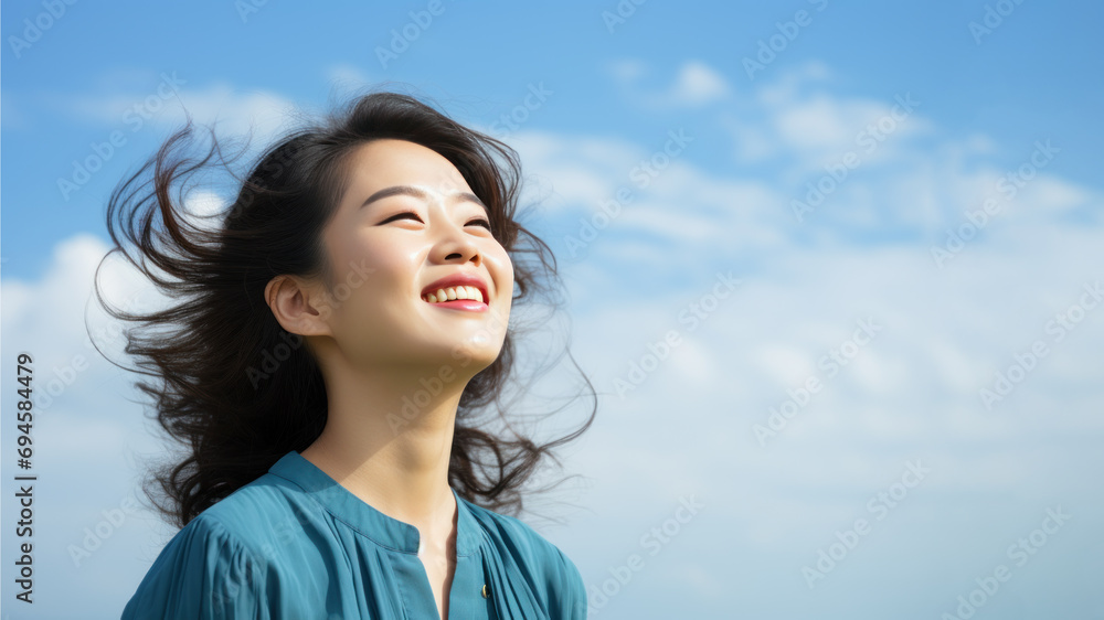 A Asian woman breathes calmly looking up isolated on clear blue sky