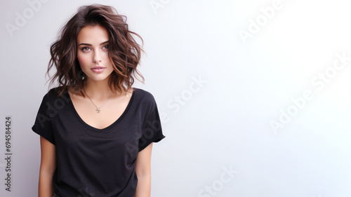 Brunette woman wearing black t-shirt isolated on gray background
