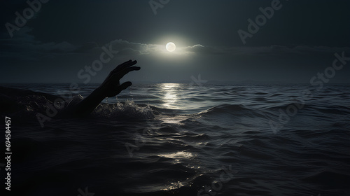 Hand out of the sea at night illuminated by moonlight. Drama of African immigration. Refugees crisis, migrant photo