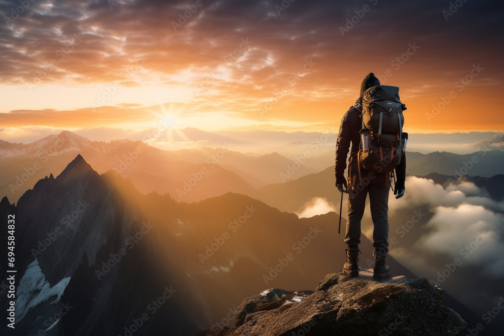 A mountain climber reaching the summit, overlooking a breathtaking landscape at sunrise