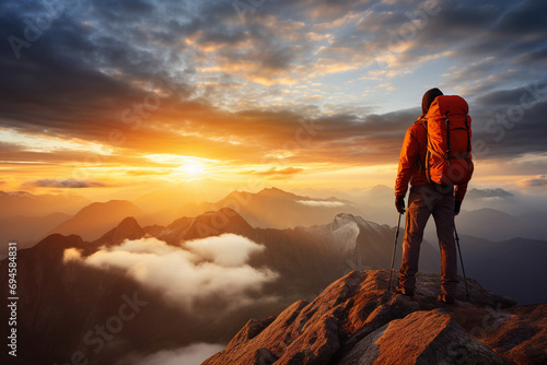 A mountain climber reaching the summit, overlooking a breathtaking landscape at sunrise © Ricardo Costa