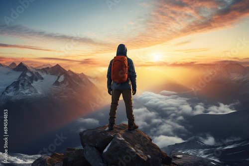 A mountain climber reaching the summit  overlooking a breathtaking landscape at sunrise