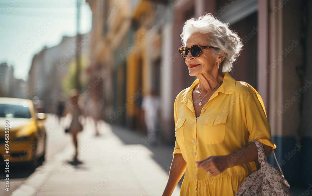 Senior woman walking alone. Elderly lady outside in the city. Senior woman walking alone. Elderly lady outside in the city.