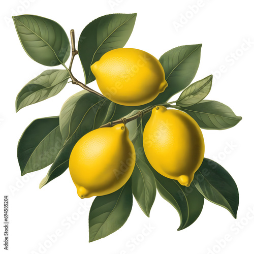 branch with lemons vintage illustration drawing. Isolated on transparent background