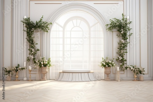 Wedding backdrop aesthetic flower wreath decoration indoor white background AI Generated © SatuJiwa