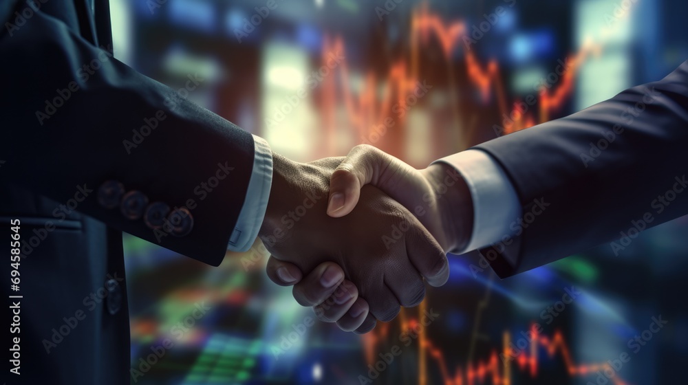 Handshake of businessmen. Successful partners shake hands. Business deal. Trade stock charts background. AI Generated