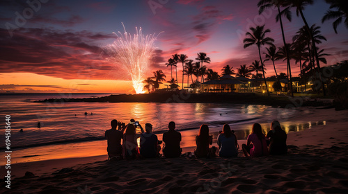 Group of people sitting on the beach enjoying fireworks display at sunset with vivid sky and palm silhouette.