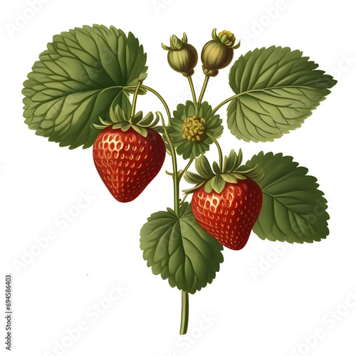 branch with strawberry  vintage illustration drawing. Isolated on transparent background
