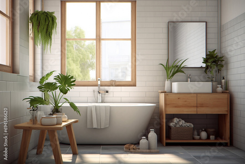 a simple bathroom with white tile and plants  in the style of photorealistic scenes