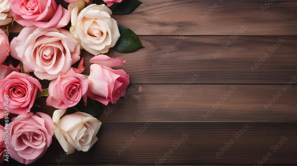 Gorgeous rose flowers elegantly arranged on a wooden table, providing ample copy space for personalized messages or captions, generative ai