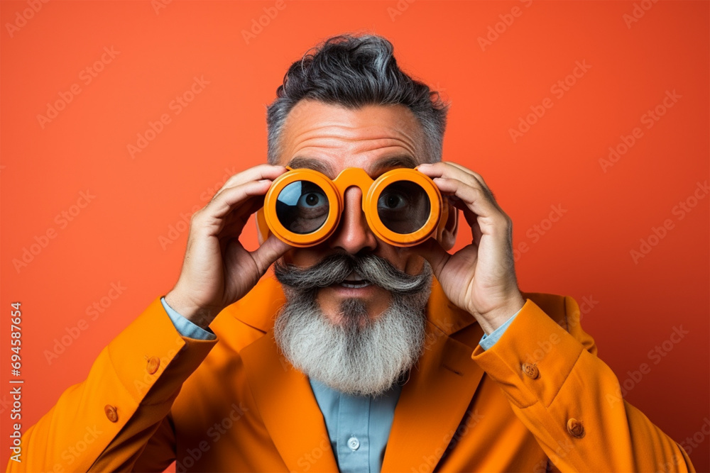 funny man in an orange jacket with binoculars on a red background, the concept of discounts and travel.  - obrazy, fototapety, plakaty 
